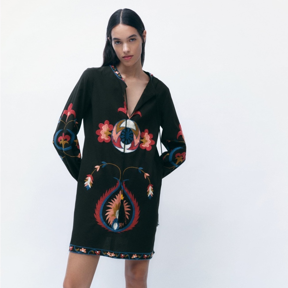 Zara Black Embroidered Mini Boho Dress NWT